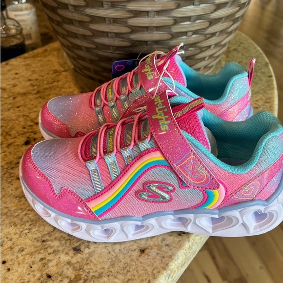 Sketchers Heart Light Up Shoes Pink Glittery Sneakers White Sole - Picture 4 of 16